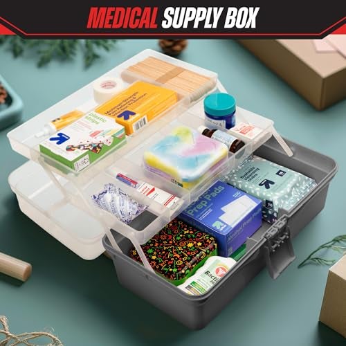 Stalwart - 14” Plastic Tackle Box Organizer - 3-Layer Portable Sewing Box, Art Caddy, Craft Storage, First Aid Medicine Utility Toolbox or Hair Accessories Organizer with Latch and Handle (Gray) - Image 5