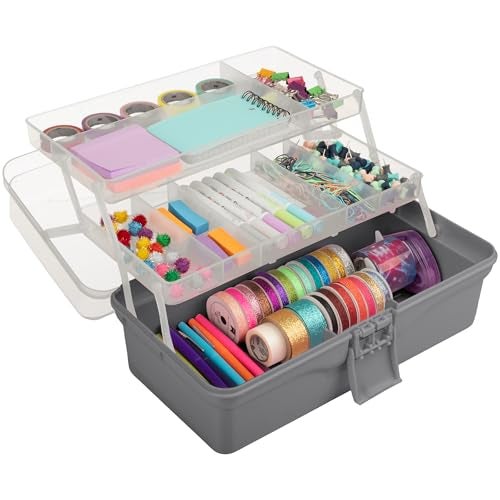 Stalwart - 14” Plastic Tackle Box Organizer - 3-Layer Portable Sewing Box, Art Caddy, Craft Storage, First Aid Medicine Utility Toolbox or Hair Accessories Organizer with Latch and Handle (Gray) - Image 1