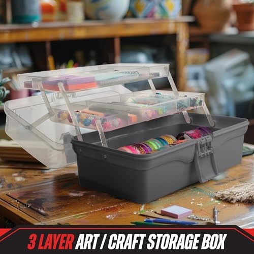 Stalwart - 14” Plastic Tackle Box Organizer - 3-Layer Portable Sewing Box, Art Caddy, Craft Storage, First Aid Medicine Utility Toolbox or Hair Accessories Organizer with Latch and Handle (Gray) - Image 4