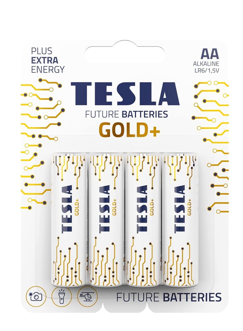 بطاريات تسلا بطاريات GOLD+ AA قلوية LR6 4 قطع - بطاريات قوية لأقصى أداء، طاقة ثابتة 1.5 فولت للأجهزة عالية الاستهلاك مثل الكاميرات والميكروفونات وأدوات القياس، مع تركيبة مانعة للتسرب، وأداء طويل الأمد، وتصميم صديق للبيئة، ومناسبة للاستخدام المنزلي والمهني، طاقة موثوقة تدوم لأطول فترة ممكنة  - Image 1