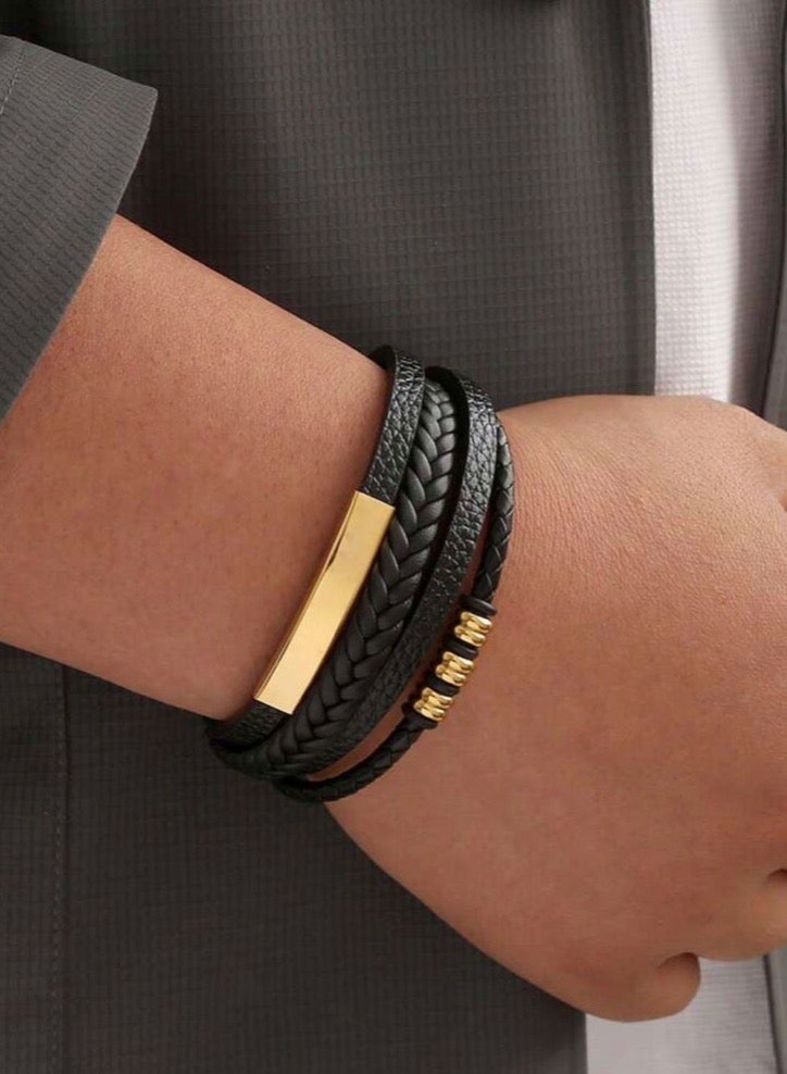 JewelryLand Men’s Elegant Bracelet Made Of High Quality PU Leather And Stainless Steel - Image 1