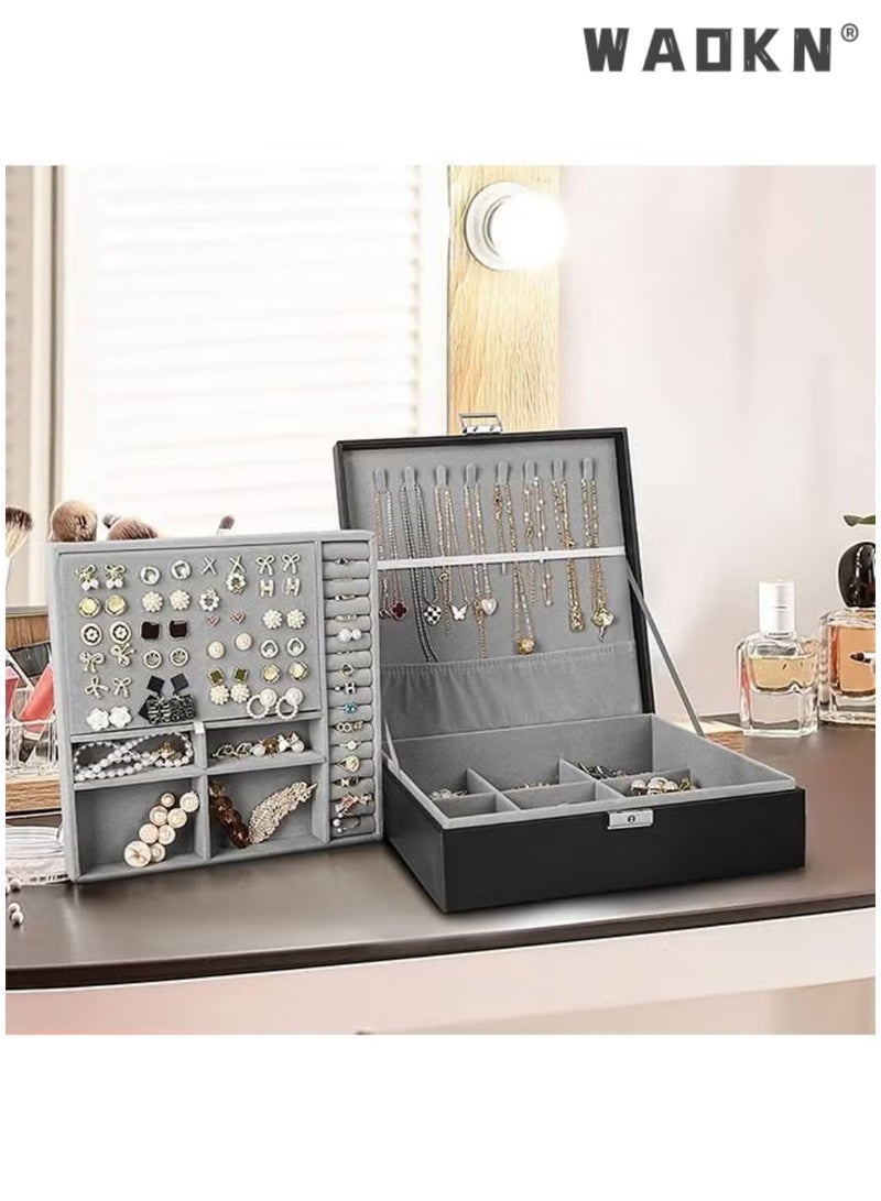 دبليو أيه أو كي أن صندوق المجوهرات العالمي للرجال والنساء 2 طبقة كبيرة صندوق تخزين المجوهرات مع قفل قلادة سوار أقراط خاتم صندوق تخزين المجوهرات الأسود - Image 1