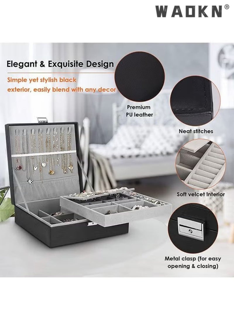 دبليو أيه أو كي أن صندوق المجوهرات العالمي للرجال والنساء 2 طبقة كبيرة صندوق تخزين المجوهرات مع قفل قلادة سوار أقراط خاتم صندوق تخزين المجوهرات الأسود - Image 3