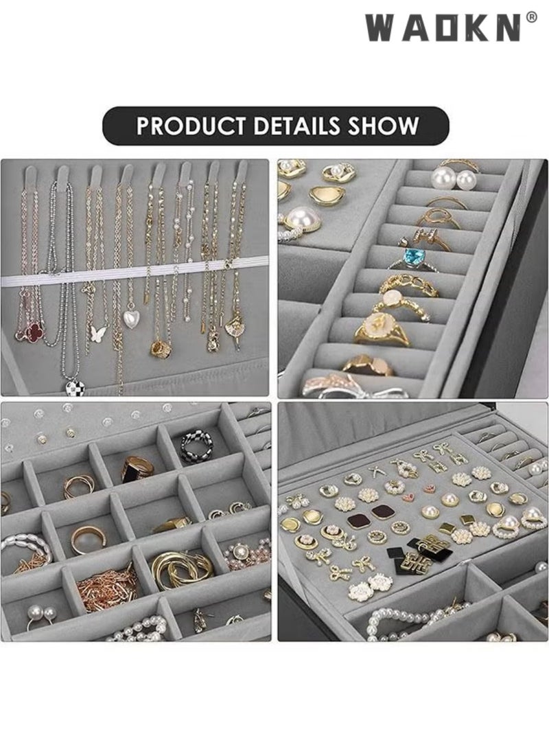 دبليو أيه أو كي أن صندوق المجوهرات العالمي للرجال والنساء 2 طبقة كبيرة صندوق تخزين المجوهرات مع قفل قلادة سوار أقراط خاتم صندوق تخزين المجوهرات الأسود - Image 4