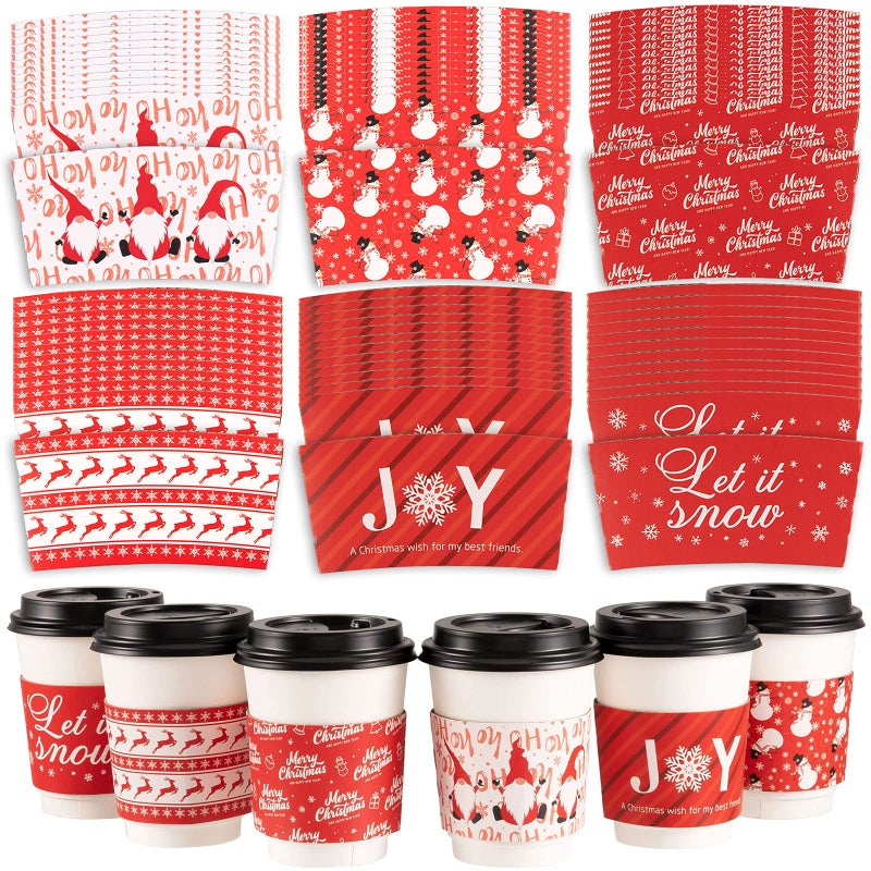 Whaline Christmas Coffee Tea Cup Sleeves 30 Pack Disposable Cardboard Sleeves DoubleLayer Paper Sleeves Fit 12 and 16oz Paper Cup for Hot Drinks Cold Beverage Cafe Shop Office 6 Design