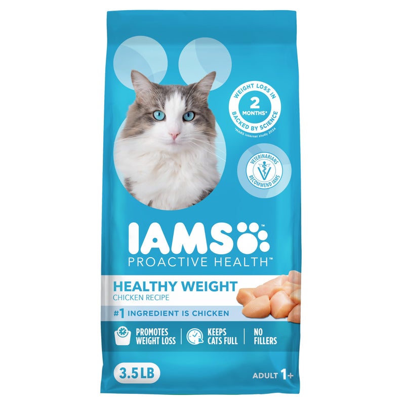Iams طعام قطط بالغين جاف بنكهة الدجاج من IAMS بروأكتيف هيلث صحي الوزن، وصفة طعام قطط بالغين جاف، كيس 3.5 رطل - Image 1