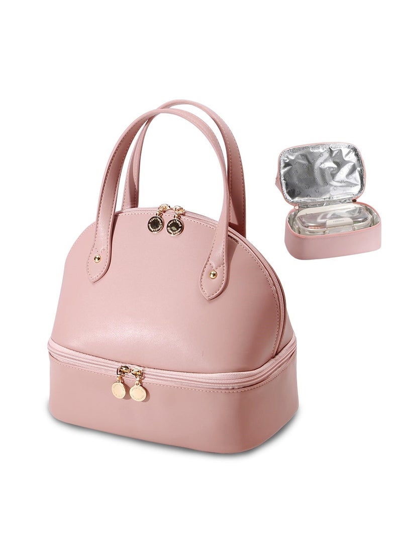 SYOSI Lunch Bag for Women, Large Capacity Insulated Lunch Bag with Double Decker Waterproof PU Leather Simple Modern Style Lunch Bag for Work, Picnic, Travel (Pink) - Image 1