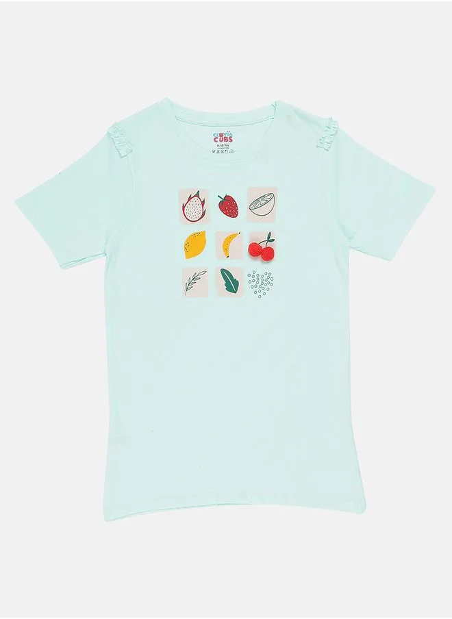 Clovia Cubs Fruit Print Ruffle Detail T-Shirt & Shorts Set by Styli