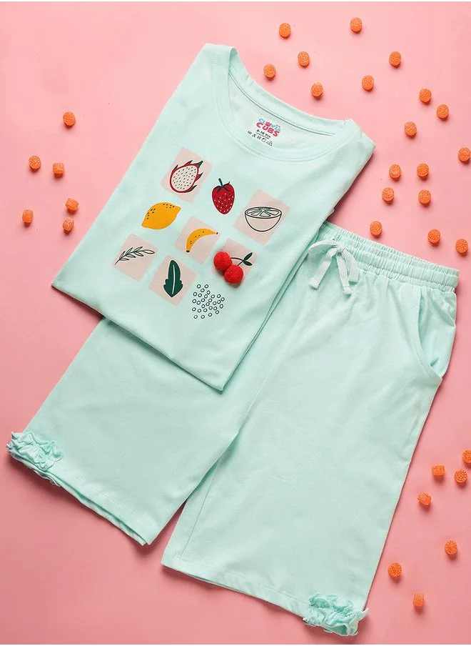 Clovia Cubs Fruit Print Ruffle Detail T-Shirt & Shorts Set by Styli