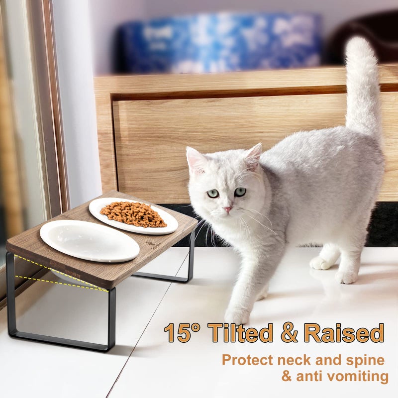 Sunhoo Ceramic Elevated Cat Bowls Raised Puppy Dishes for Food and Water Tilted Wooden Stand for Indoor Cats 5.5 inch Wide Double Dish Orthopedic Reduces Vomiting (Brown) - Image 4