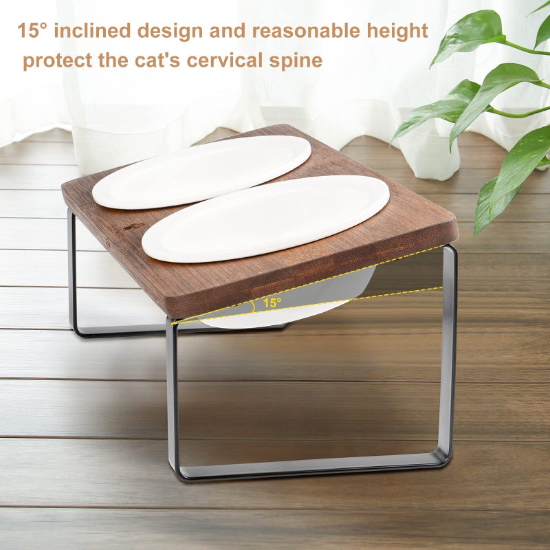 Sunhoo Ceramic Elevated Cat Bowls Raised Puppy Dishes for Food and Water Tilted Wooden Stand for Indoor Cats 5.5 inch Wide Double Dish Orthopedic Reduces Vomiting (Brown) - Image 5