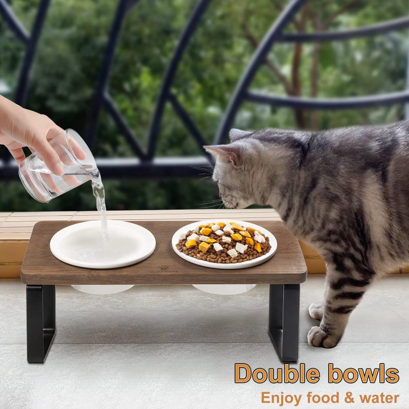 Sunhoo Ceramic Elevated Cat Bowls Raised Puppy Dishes for Food and Water Tilted Wooden Stand for Indoor Cats 5.5 inch Wide Double Dish Orthopedic Reduces Vomiting (Brown) - Image 3