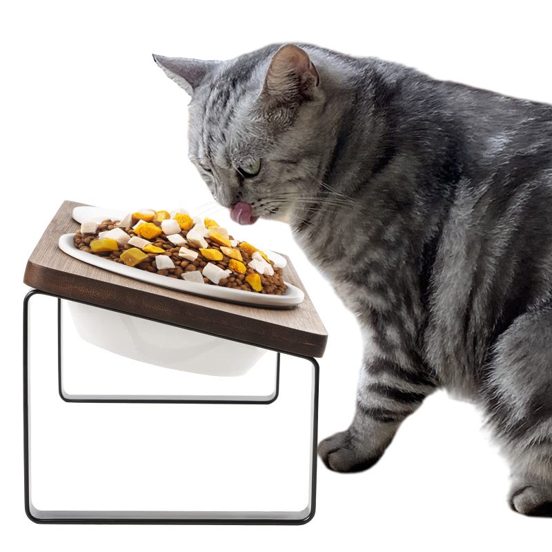 Sunhoo Ceramic Elevated Cat Bowls Raised Puppy Dishes for Food and Water Tilted Wooden Stand for Indoor Cats 5.5 inch Wide Double Dish Orthopedic Reduces Vomiting (Brown) - Image 1