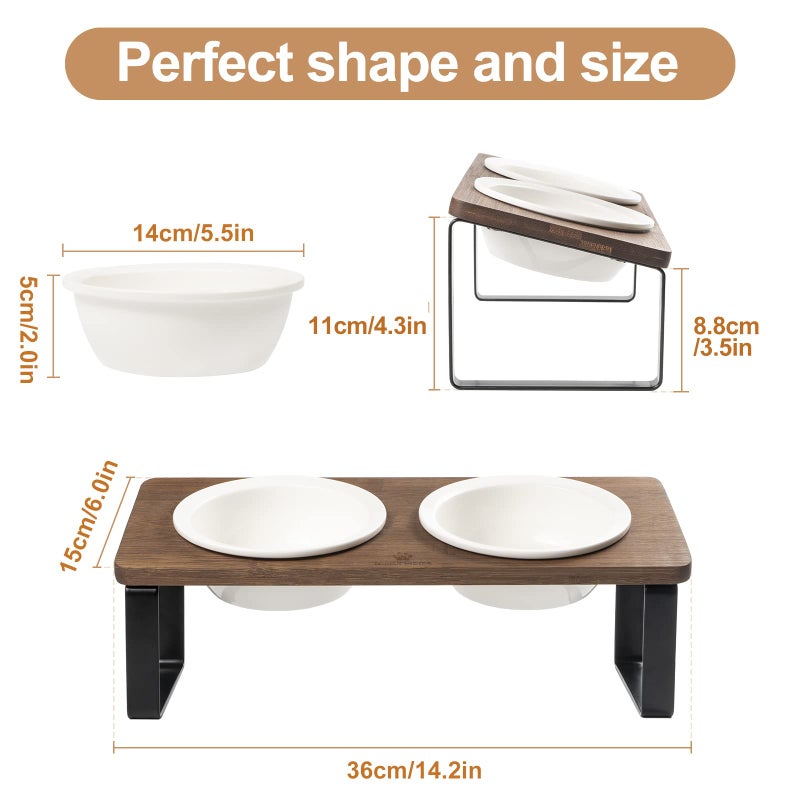 Sunhoo Ceramic Elevated Cat Bowls Raised Puppy Dishes for Food and Water Tilted Wooden Stand for Indoor Cats 5.5 inch Wide Double Dish Orthopedic Reduces Vomiting (Brown) - Image 2
