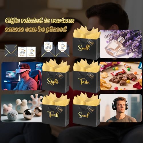 Nimbbex 13'' Large 5 Senses Gift Bags for Him Her with Labels Envelopes and Cards, Gold Foil Five Senses Gift Bags with Tissue Handle for Birthday, Anniversary, Mother's Day, Valentine's Day (Black) - Image 5