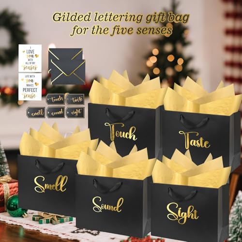 Nimbbex 13'' Large 5 Senses Gift Bags for Him Her with Labels Envelopes and Cards, Gold Foil Five Senses Gift Bags with Tissue Handle for Birthday, Anniversary, Mother's Day, Valentine's Day (Black) - Image 2