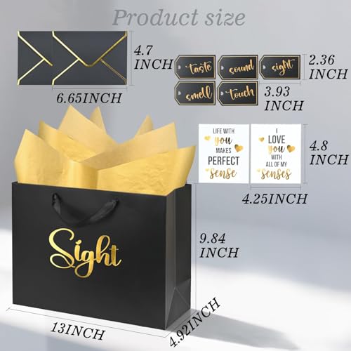 Nimbbex 13'' Large 5 Senses Gift Bags for Him Her with Labels Envelopes and Cards, Gold Foil Five Senses Gift Bags with Tissue Handle for Birthday, Anniversary, Mother's Day, Valentine's Day (Black) - Image 3