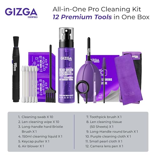 Gizga Essentials Gizga Pro Series 11-in-1 Cleaning - 150ml Cleaning Spray, Air Blower, DSLR Lens Pen, 50-Lens Tissues, Swabs & Wipes, Brushes, Key Puller, Microfiber Cloths for Ideal for Camera Lens and All Gadgets - Image 2