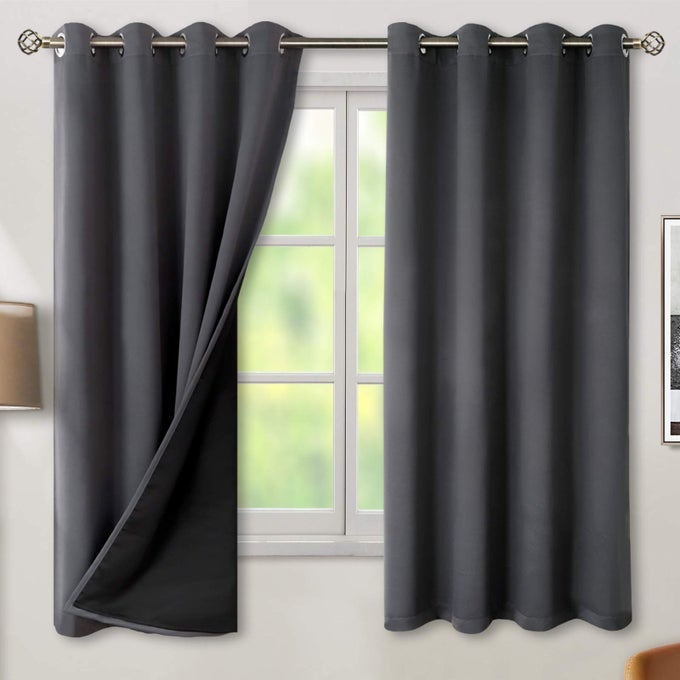 THERMAL INSULATED 100 BLACKOUT CURTAINS FOR BEDROOM WITH BLACK LINER DOUBLE LAYER FULL ROOM DARKENING NOISE REDUCING GROMMET CURTAIN 52 X 63 INCH DARK GREY 2 PANELS