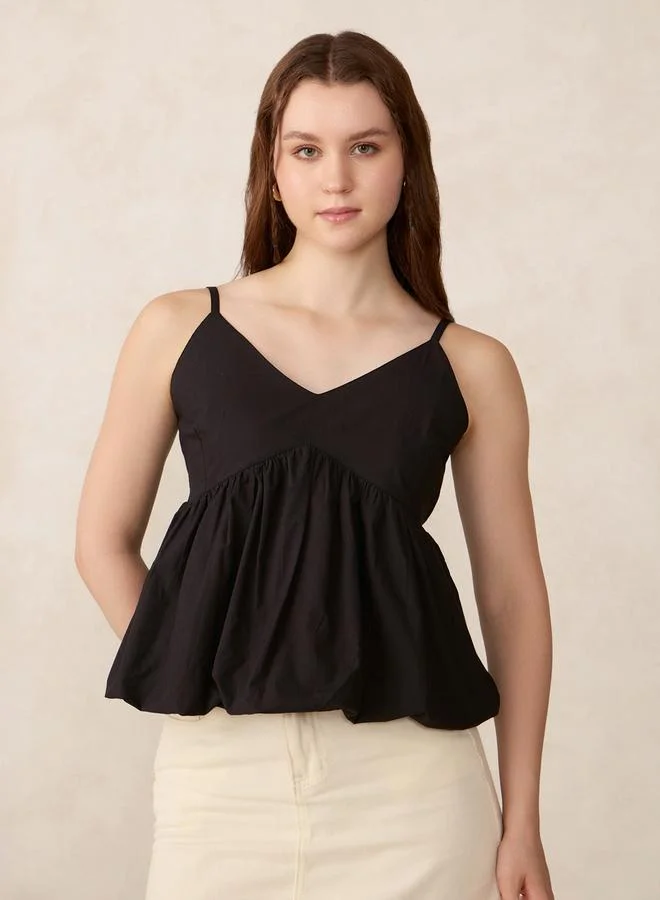 OUTZIDR  Black V Neck Bubble Hem Top for Women | Best Price UAE