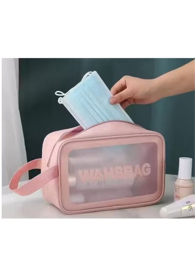حقيبة سفر لأدوات النظافة وحقيبة مستحضرات التجميل وصندوق المكياج للفرش والإكسسوارات بمقبض، سعة كبيرة شفافة مقاومة للماء لتخزين السفر ميديام مقاس 24 × 14 × 7 سم (وردي) - Image 4