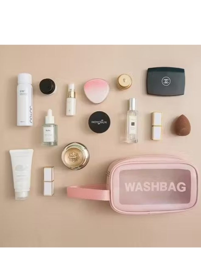 حقيبة سفر لأدوات النظافة وحقيبة مستحضرات التجميل وصندوق المكياج للفرش والإكسسوارات بمقبض، سعة كبيرة شفافة مقاومة للماء لتخزين السفر ميديام مقاس 24 × 14 × 7 سم (وردي) - Image 5
