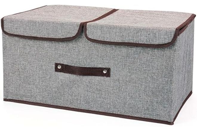 سبيس شوب صناديق تخزين من قماش الكتان بغطاء مزدوج، حاوية تخزين قابلة للطي، حاوية تخزين قابلة للطي، منظم ملابس بسعة كبيرة، مقاس صغير 36 * 25 * 16 - Image 1