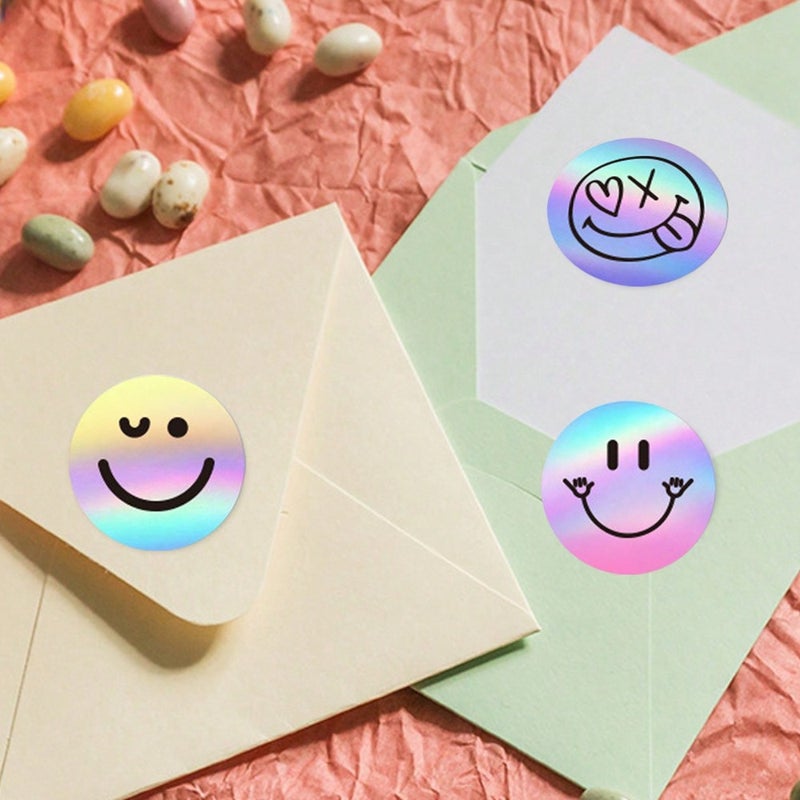 Cross-border cute smiley face sticker Thank you decorative sticker rolled emoticon sticker laser round label sealing  sticker - Image 5