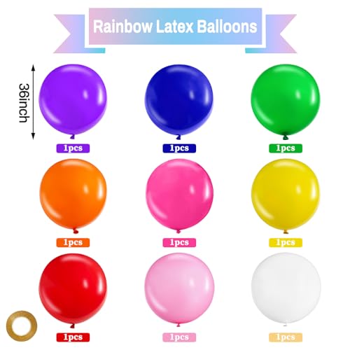 KAWKALSH Assorted Rainbow Giant Balloons 36 Inch 9pcs Jumbo Multicolor Large Round Latex Balloon for Birthday Baby Shower Wedding Party Decorations - Image 5