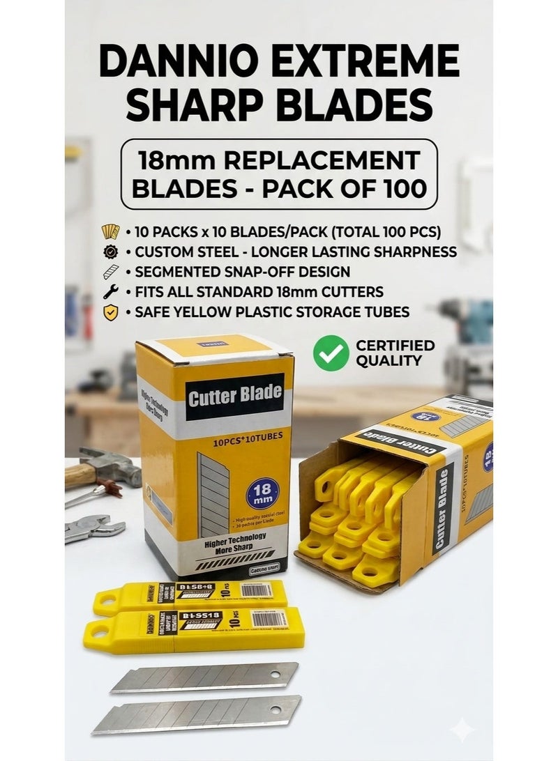 DANNIO 18mm Replacement Cutter Blades - Pack of 100 (10 Tubes x 10 Pcs) - Heavy Duty Custom Steel Snap-Off Blades - Ultra Sharp & Durable for Industrial & DIY Use - Image 1