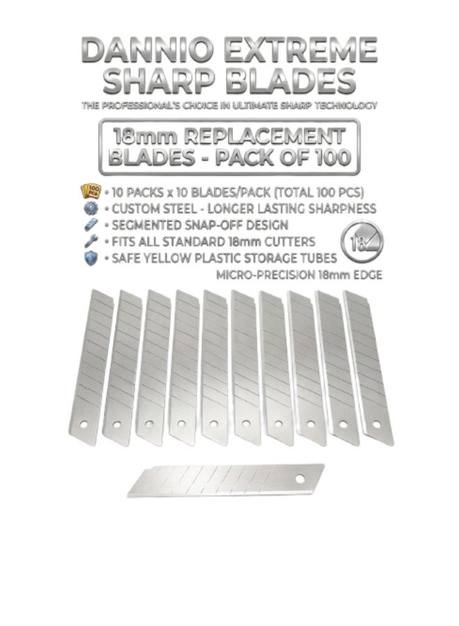 DANNIO 18mm Replacement Cutter Blades - Pack of 100 (10 Tubes x 10 Pcs) - Heavy Duty Custom Steel Snap-Off Blades - Ultra Sharp & Durable for Industrial & DIY Use - Image 2