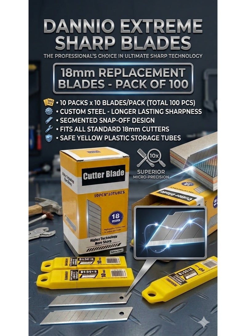 DANNIO 18mm Replacement Cutter Blades - Pack of 100 (10 Tubes x 10 Pcs) - Heavy Duty Custom Steel Snap-Off Blades - Ultra Sharp & Durable for Industrial & DIY Use - Image 3