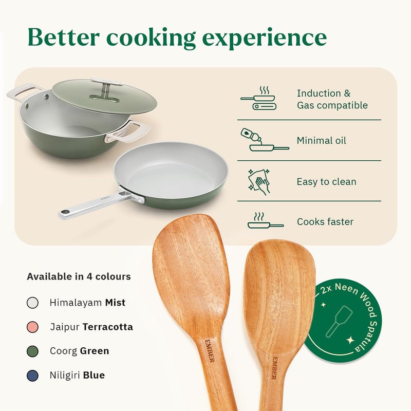 Ember Cookware طقم أواني الطهي السيراميكية غير اللاصقة إمبر 5 قطع | معتمد من ISI | يشمل مقلاة، كاداي مع غطاء، 2 ملعقة خشبية وممحاة تنظيف لطيفة | متوافق مع الحث | خالي من PFAS و PTFE - أخضر - Image 3