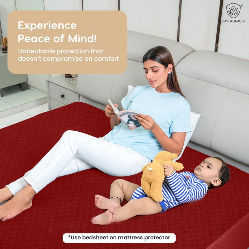 MY ARMOR حامي مرتبة كوين مقاس 72x48 بوصة من MY ARMOR مقاوم للماء، غطاء قطن مبطن، قابل للتنفس وصامت، غطاء حامي سرير مزود بحافة مرنة (كوين 72x48 بوصة 6x4 قدم، مارون) - Image 4