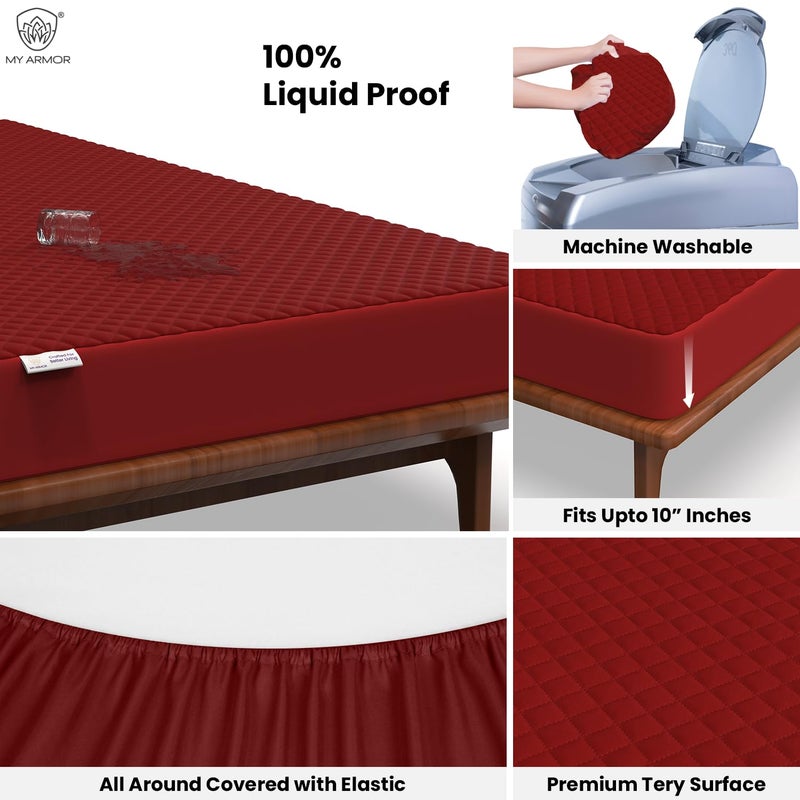 MY ARMOR حامي مرتبة كوين مقاس 72x48 بوصة من MY ARMOR مقاوم للماء، غطاء قطن مبطن، قابل للتنفس وصامت، غطاء حامي سرير مزود بحافة مرنة (كوين 72x48 بوصة 6x4 قدم، مارون) - Image 2