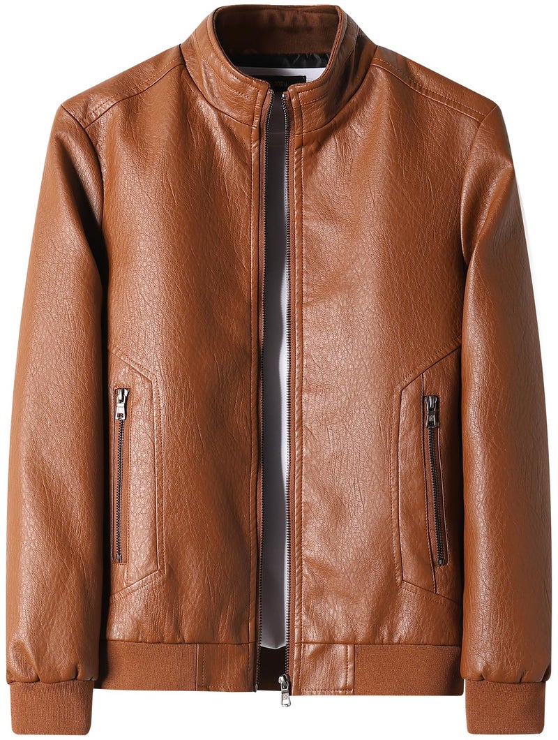 PEGENO Men's Stand Collar Leather Jacket Lightweight Faux Leather Motorcycle Jacket,Yellow,Large - Image 5