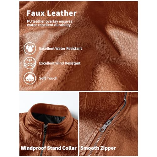 PEGENO Men's Stand Collar Leather Jacket Lightweight Faux Leather Motorcycle Jacket,Yellow,Large - Image 2