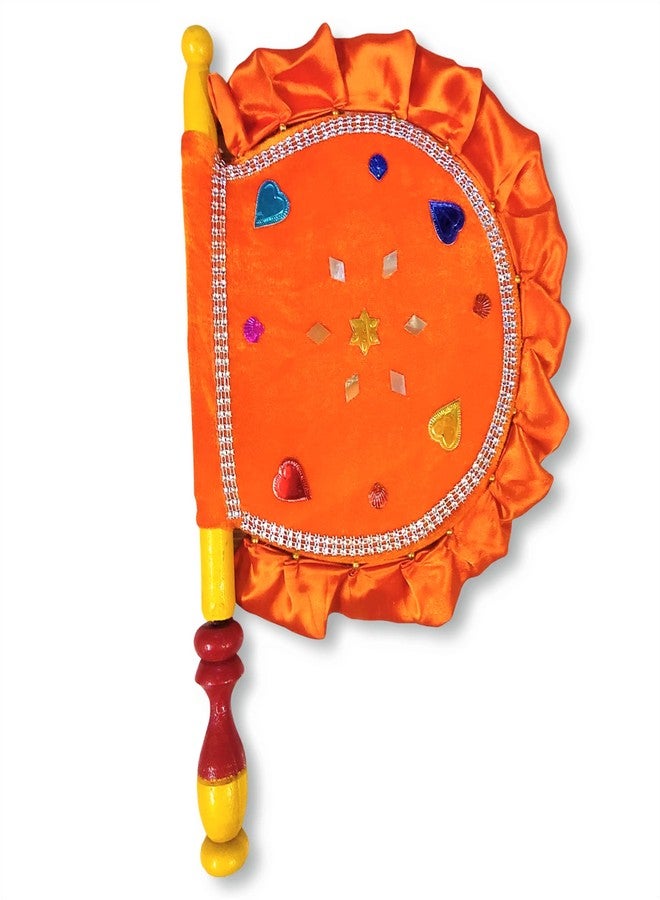 DIGSMORDEN Wooden Handcrafted Hand Fan/Beejna Pankha with Valvet Cloth, Royal/Punjabi Hand-Fan with Wooden Handle for Home Décor & Travel use - Orange - Image 1