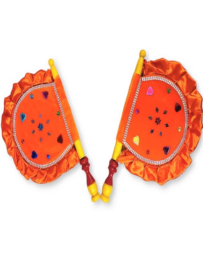 DIGSMORDEN Wooden Handcrafted Hand Fan/Beejna Pankha with Valvet Cloth, Royal/Punjabi Hand-Fan with Wooden Handle for Home Décor & Travel use - Orange - Image 2