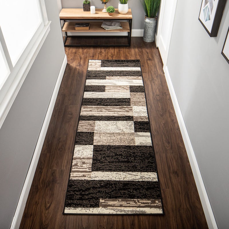 Superior Indoor Runner Rug Jute Backed Modern Geometric Patchwork Floor Decor for Bedroom Office Living Room Entryway Hardwood Floors Rockwood Collection 2 x 11 Chocolate