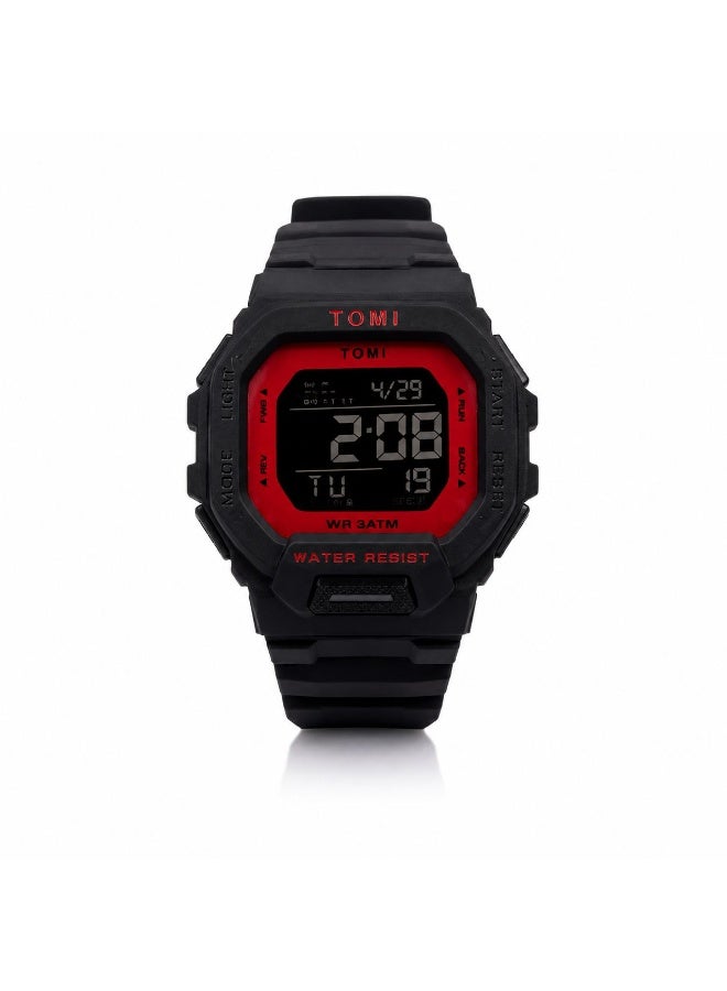 TOMI Blaze TM2020 Digital Sports Watch for Men & Women Black Red | LED Display | 3ATM Water Resistant | Alarm | Stopwatch | Silicone Strap - Image 1