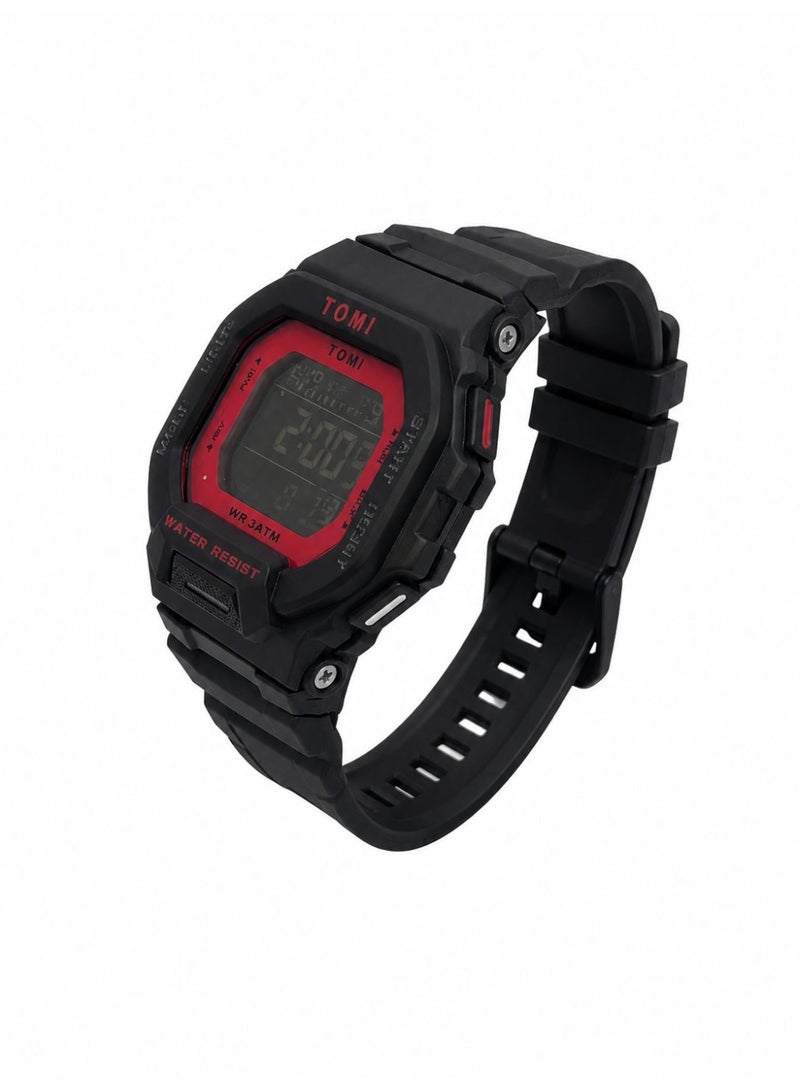 TOMI Blaze TM2020 Digital Sports Watch for Men & Women Black Red | LED Display | 3ATM Water Resistant | Alarm | Stopwatch | Silicone Strap - Image 3