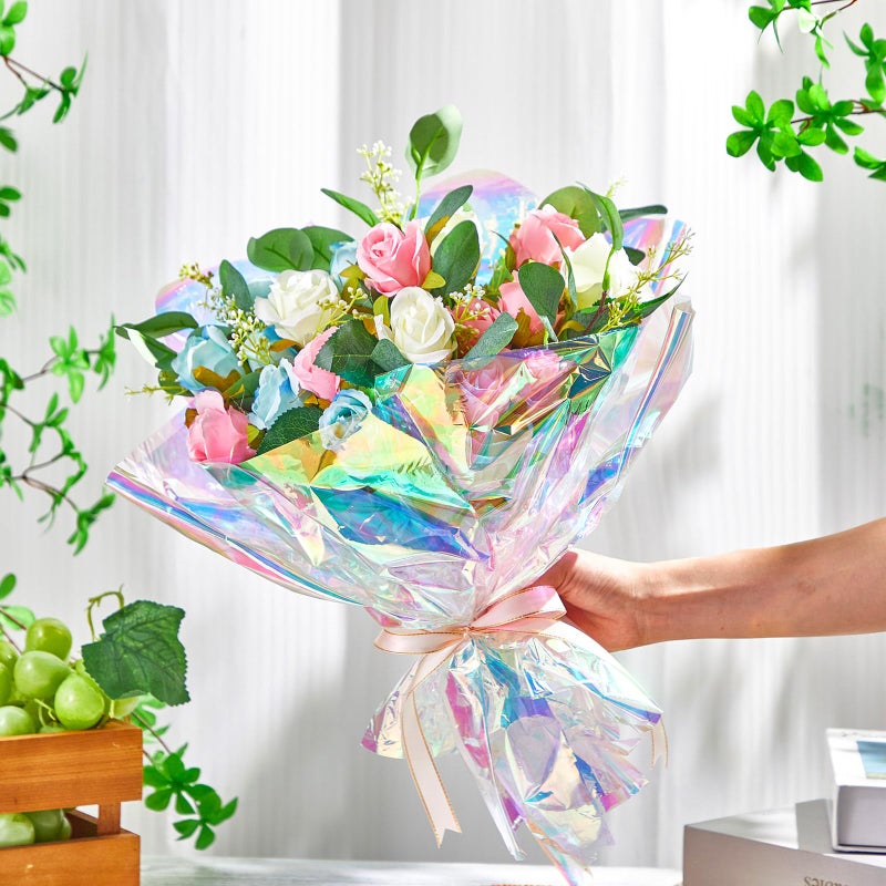 Seajan 32 in x 200 ft Iridescent Cellophane Wrap Roll, Rainbow Wrapping Paper Holographic Cellophane Wrap for Baskets Flower Bouquet DIY Treats Christmas Gifts Wrapping(Red and Golden Iridescence) - Image 2
