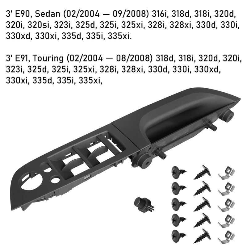 Jaronx جاروكس متوافق مع مقبض باب السائق لسيارة بي إم دبليو 3 سيريز E90/E91 2004-2007، غطاء لوحة مفتاح النافذة، مقبض سحب الباب، مسند ذراع السائق لطرازات 318i، 320i، 325i، 328i، 330i، 335i (14.76 بوصة) - Image 2