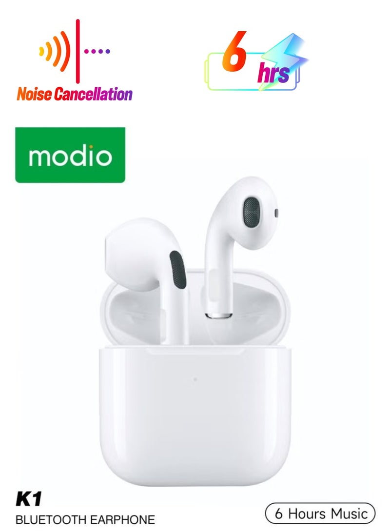 modio True Wireless Earphones with ENC Noise Reduction – Premium Sound, Crystal Clear Calls, and Comfortable Fit (White) - Image 1