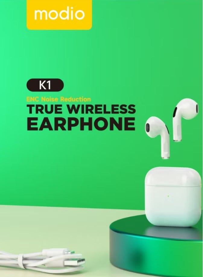 modio True Wireless Earphones with ENC Noise Reduction – Premium Sound, Crystal Clear Calls, and Comfortable Fit (White) - Image 4