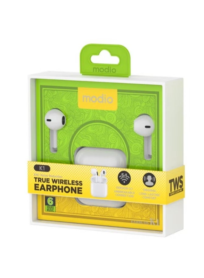 modio True Wireless Earphones with ENC Noise Reduction – Premium Sound, Crystal Clear Calls, and Comfortable Fit (White) - Image 2