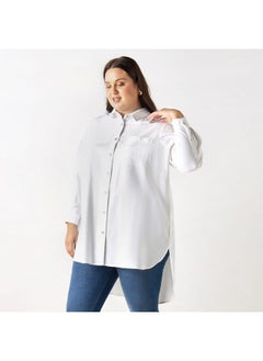 Plus Size Ulla Popken Solid High Low Shirt with Long Sleeves and Pocket