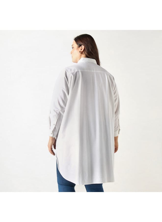 Ulla Popken - Plus Size Ulla Popken Solid High Low Shirt with Long Sleeves and Pocket - Image 1