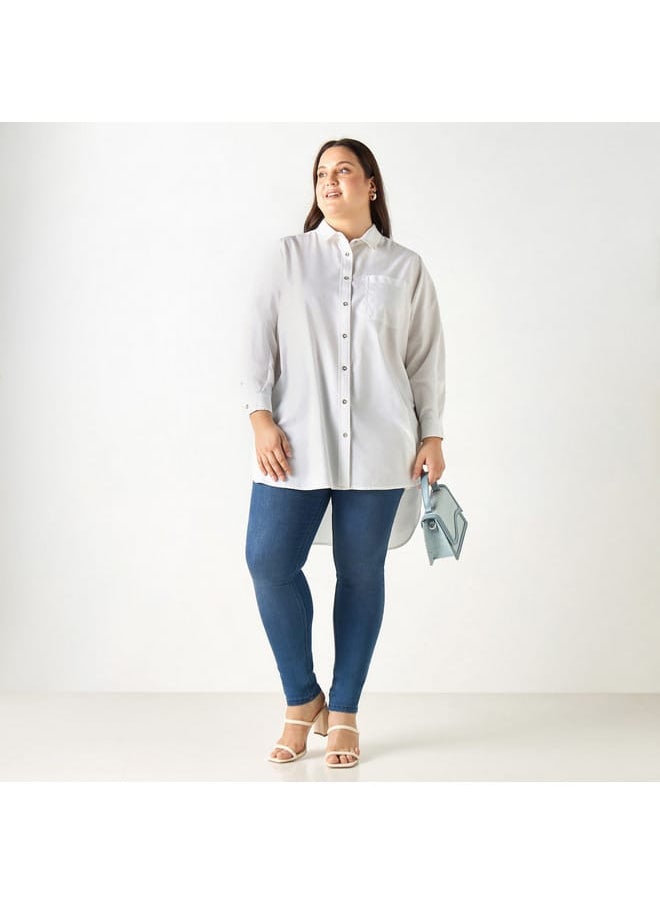 Ulla Popken - Plus Size Ulla Popken Solid High Low Shirt with Long Sleeves and Pocket - Image 1